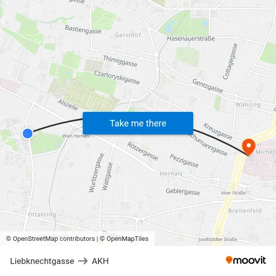 Liebknechtgasse to AKH map