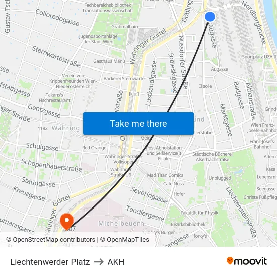 Liechtenwerder Platz to AKH map