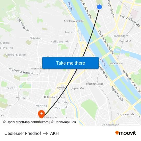 Jedleseer Friedhof to AKH map