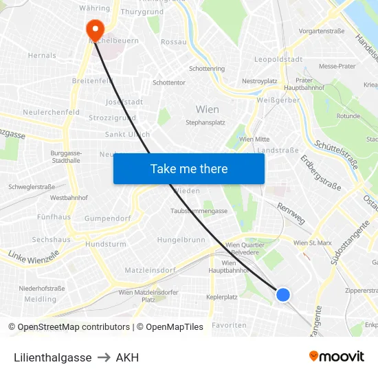 Lilienthalgasse to AKH map