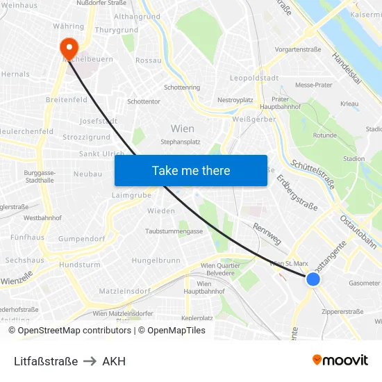 Litfaßstraße to AKH map