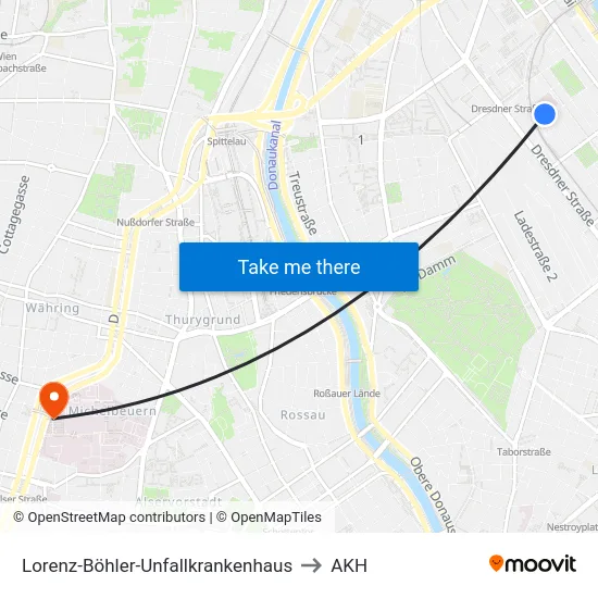 Lorenz-Böhler-Unfallkrankenhaus to AKH map