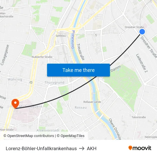 Lorenz-Böhler-Unfallkrankenhaus to AKH map