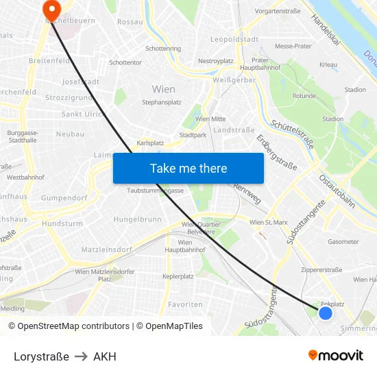 Lorystraße to AKH map