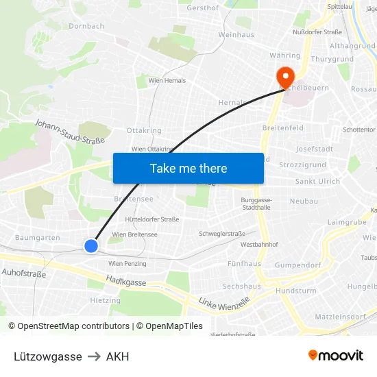Lützowgasse to AKH map