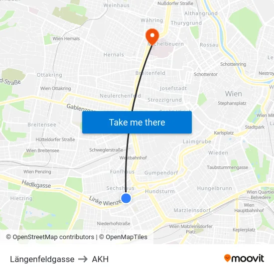 Längenfeldgasse to AKH map