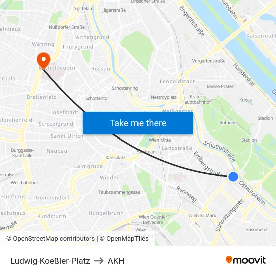 Ludwig-Koeßler-Platz to AKH map