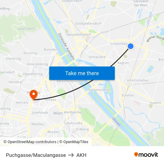Puchgasse/Maculangasse to AKH map