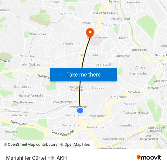 Mariahilfer Gürtel to AKH map