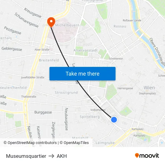 Museumsquartier to AKH map