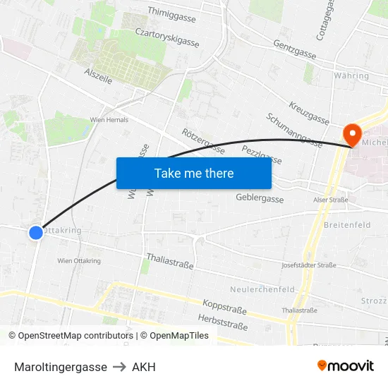 Maroltingergasse to AKH map