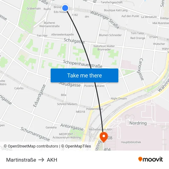 Martinstraße to AKH map