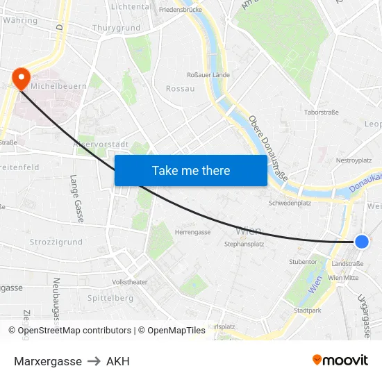 Marxergasse to AKH map