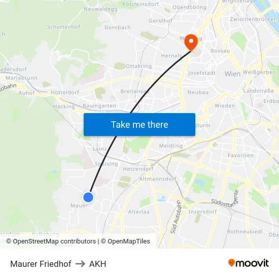Maurer Friedhof to AKH map