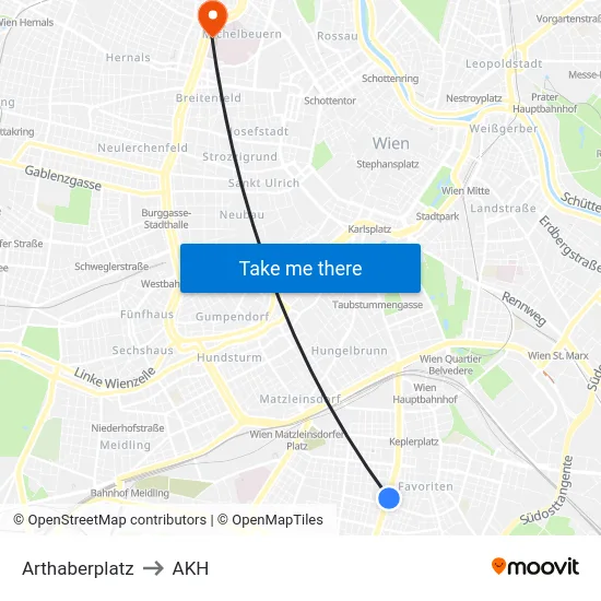 Arthaberplatz to AKH map