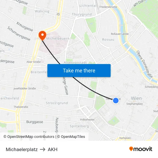 Michaelerplatz to AKH map