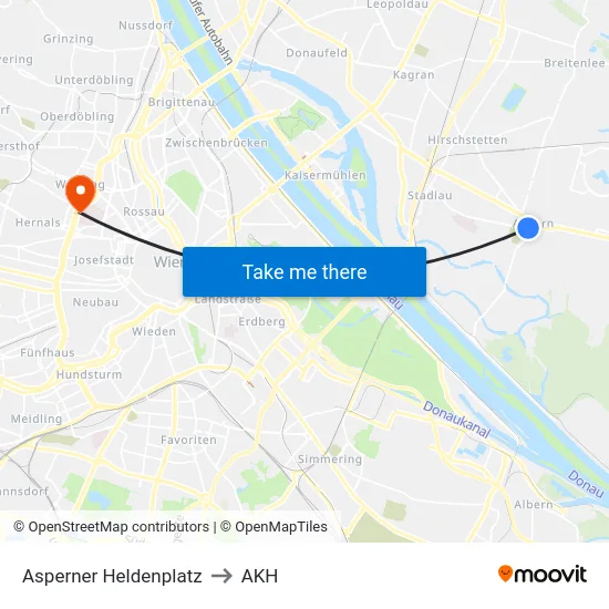 Asperner Heldenplatz to AKH map
