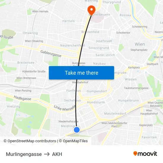 Murlingengasse to AKH map