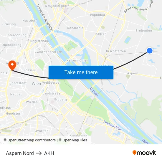 Aspern Nord to AKH map