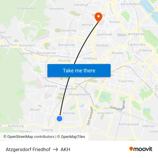 Atzgersdorf Friedhof to AKH map