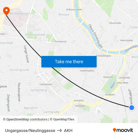 Ungargasse/Neulinggasse to AKH map