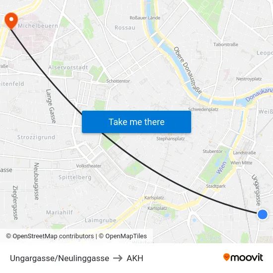 Ungargasse/Neulinggasse to AKH map