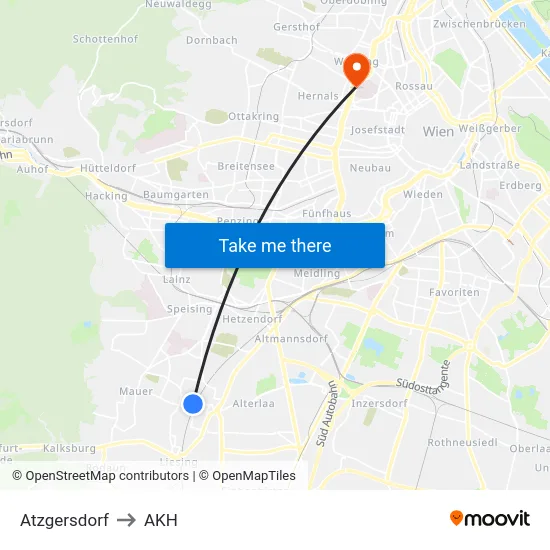 Atzgersdorf to AKH map