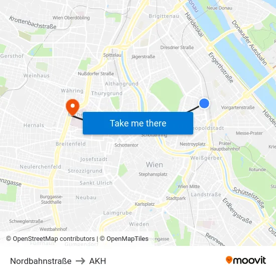 Nordbahnstraße to AKH map