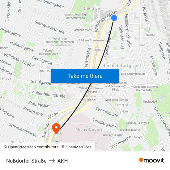 Nußdorfer Straße to AKH map
