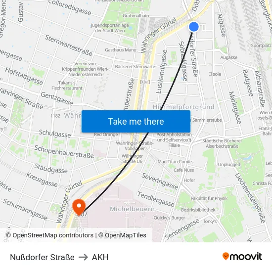 Nußdorfer Straße to AKH map