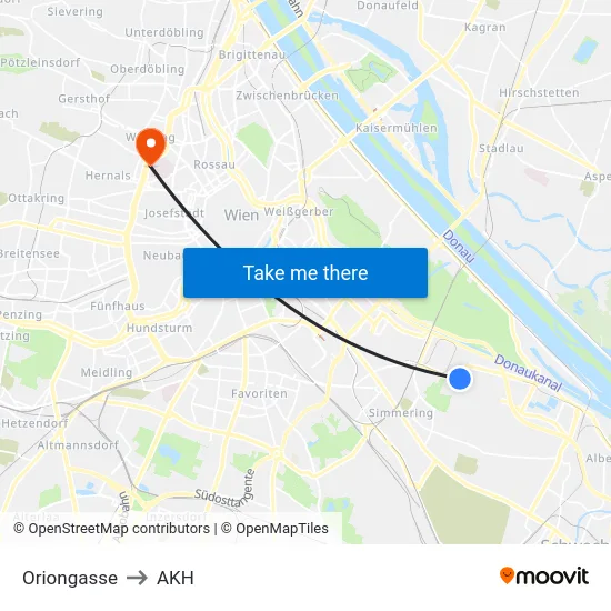 Oriongasse to AKH map