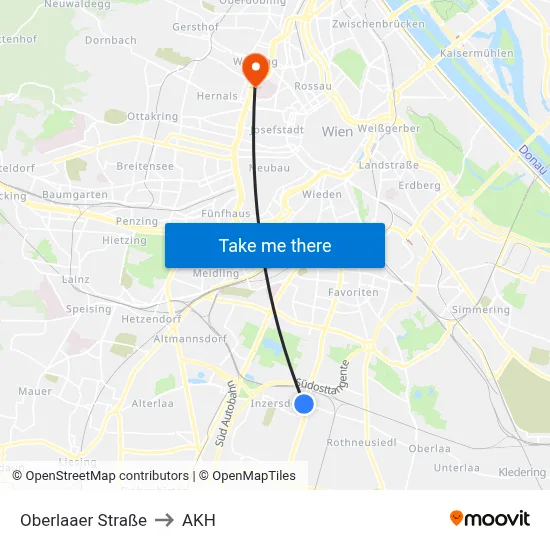 Oberlaaer Straße to AKH map
