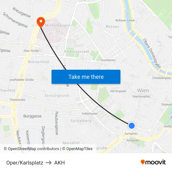 Oper/Karlsplatz to AKH map