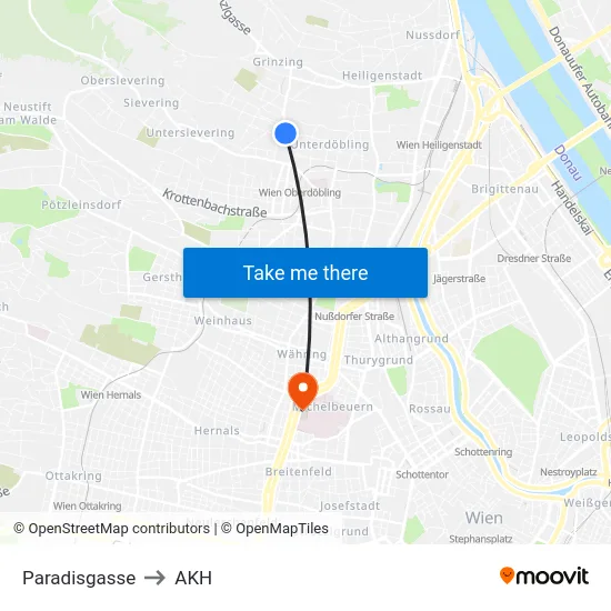 Paradisgasse to AKH map