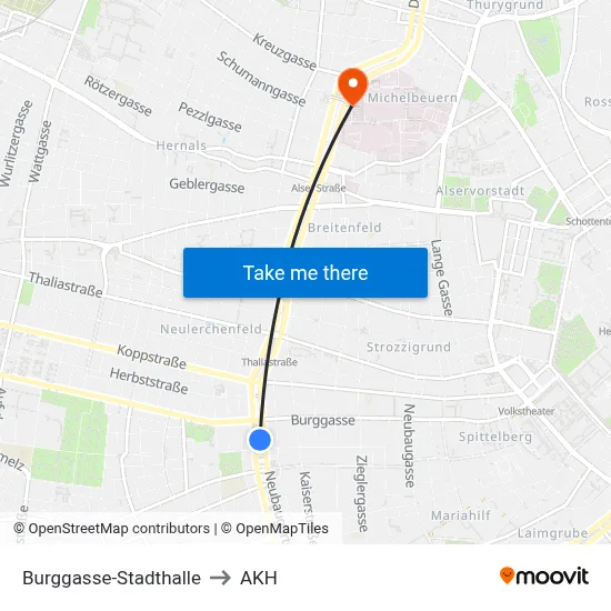 Burggasse-Stadthalle to AKH map