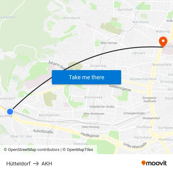 Hütteldorf to AKH map