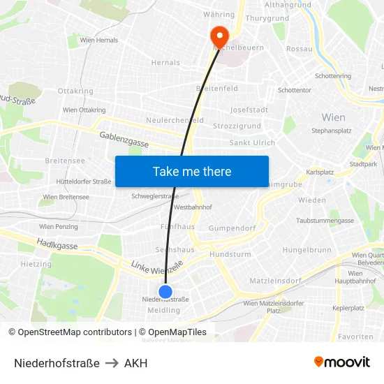 Niederhofstraße to AKH map