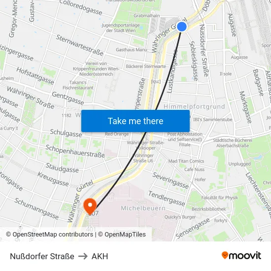 Nußdorfer Straße to AKH map
