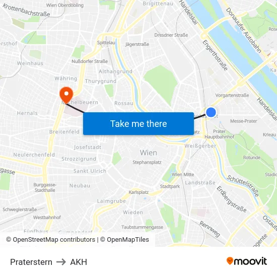 Praterstern to AKH map
