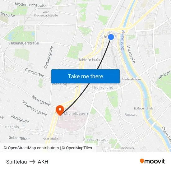 Spittelau to AKH map