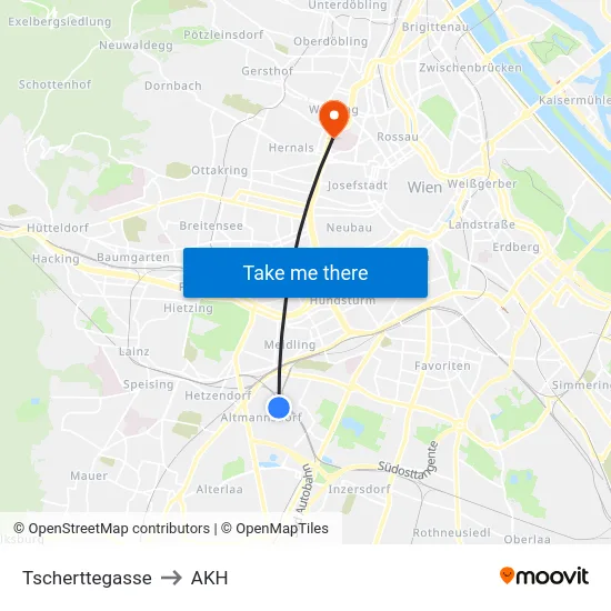 Tscherttegasse to AKH map