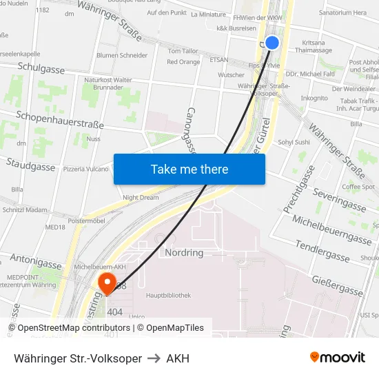 Währinger Str.-Volksoper to AKH map