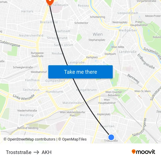 Troststraße to AKH map