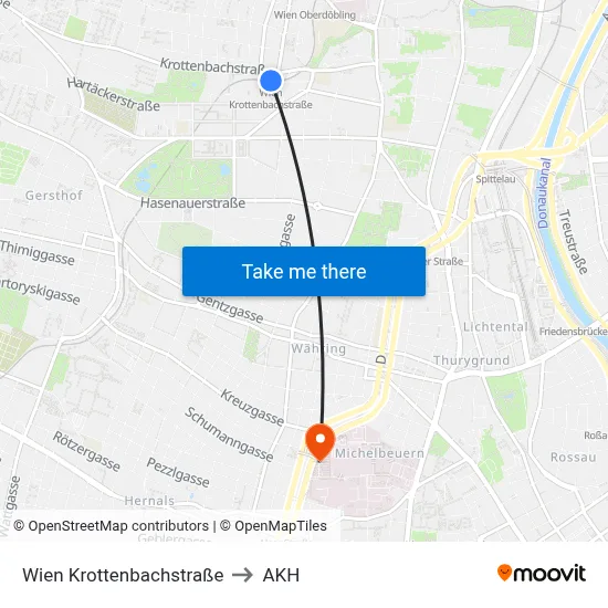 Wien Krottenbachstraße to AKH map