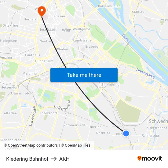 Kledering Bahnhof to AKH map