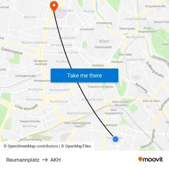 Reumannplatz to AKH map