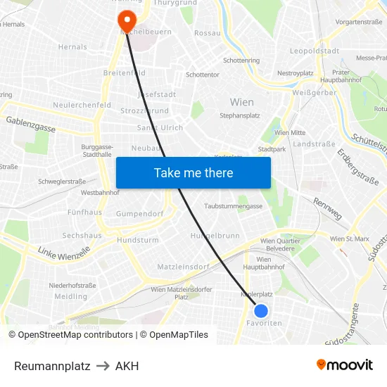 Reumannplatz to AKH map