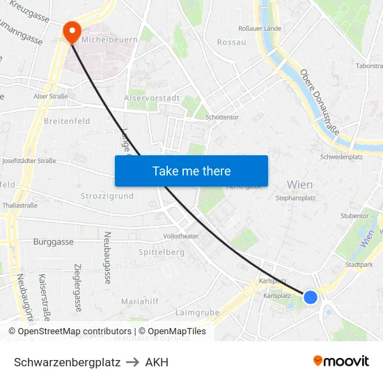 Schwarzenbergplatz to AKH map