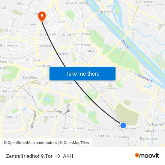 Zentralfriedhof 9.Tor to AKH map