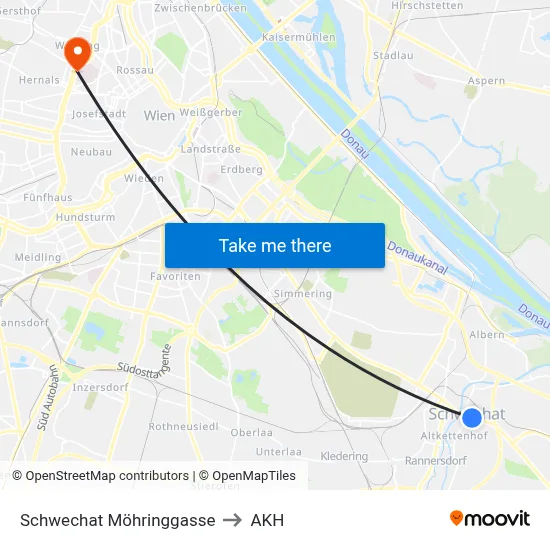 Schwechat Möhringgasse to AKH map